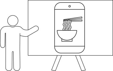 Çizilmiş adam bir kase erişteyi gösteren bir ekran sunuyor.