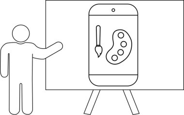 Bir çöp adam, ekranında sanat aletleri olan bir akıllı telefonu gösteren bir sehpanın yanında duruyor.