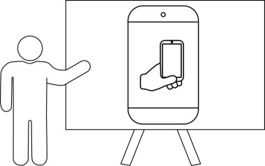 Bir çubuk figürü stantta bir telefon ekranı sunar