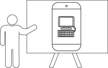 Masaüstü bilgisayarını stantta gösteren akıllı telefonu sunan bir çöp adam