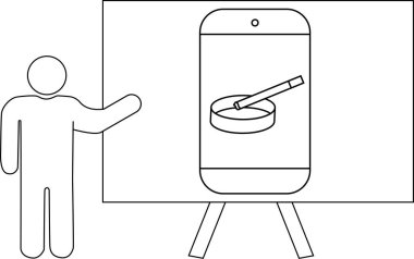 Bir sunucu kül tablasında sigara sergilenen akıllı bir telefona işaret ediyor.