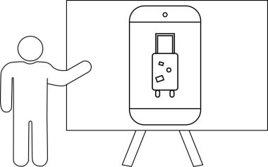 Bir sunucu cep telefonunda bavulu gösteren bir ekranı işaret ediyor.