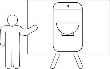 Beyaz tahtaya doğru hareket eden bir sunucu. Üzerinde tuvalet tasarımı var.