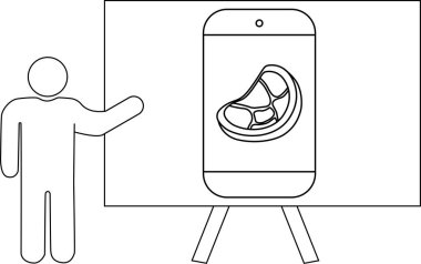 Tahtanın yanında duran bir kişi üzerinde narenciye resmi olan bir telefon gösteriyor.