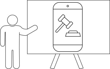 Bir kişi akıllı telefonu bir tokmak ile gösteren bir ekran sunar ve kürsüde bir simge engeller