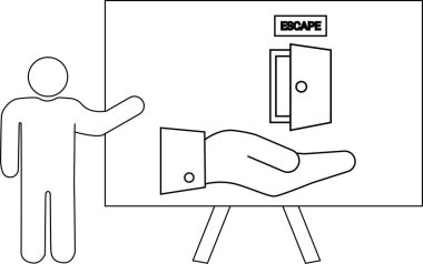 Çubuk figür, tahtada bir el içinde ESCAPE kapısı sunar.