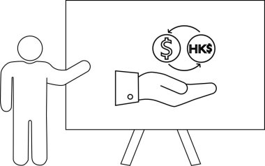 Çubuk adam beyaz tahta diyagramına işaret ediyor. Amerikan doları ile Hong Kong doları arasındaki döviz alışverişini gösteriyor.