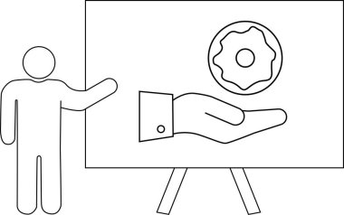 Çubuk adam, elinde donut olan bir tahtayı gösteriyor.