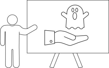 Avuç içlerindeki hayaletin sehpadaki çizgi figürünün sunumu