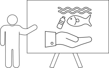 Okyanus kirliliğinde plastik şişe, balık eli ve dalgalarla insanlar sunar.