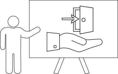 Kişi resim sehpasında ok kapaklı bir grafik sunar