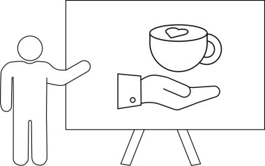 Tahtaya elini uzatan kişi kürsüye çıkıp kahve kupası ikram ediyor.