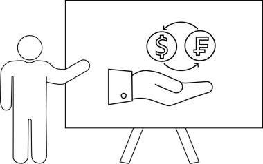 Kişi, dolar ve frank para simgelerini değiş tokuş eden bir el gösteren bir pano sunar.