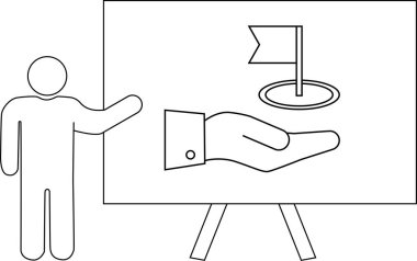 Çizgi çizen kişi elinde bayrakla beyaz tahtayı işaret ediyor.