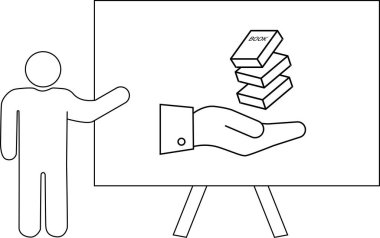 Resim sehpasındaki sunucunun çizimi. Elinde el kitabı var.