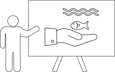 Çizgi sanatı sunucu beyaz tahta balığın el dalgalarını gösteriyor.