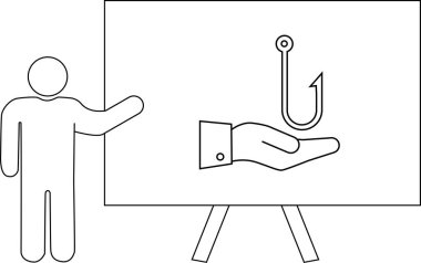 Beyaz tahtayı balık oltasını tutan bir elle gösteren bir insan çizimi.