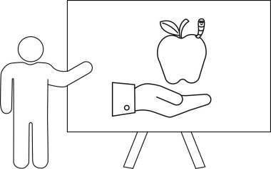 Çizgi sanatı beyaz tahtayı elma solucanı ve el solucanıyla sunan bir çöp adam gösteriyor.