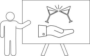 Çizgi sanatı bir sunucuyu iki bardakla açık bir elin üzerinde şıngırdarken gösteriyor.