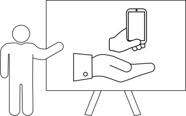 Çizgi sanatı, bir sunucuyu beyaz tahtada el ve akıllı telefonu gösterirken resmediyor.