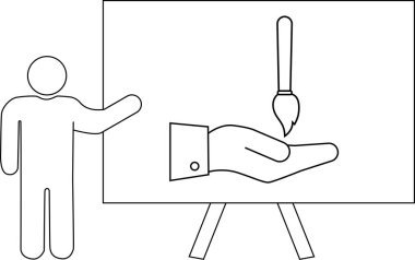 Resim, resim fırçasıyla elini gösteren bir sehpaya işaret eden bir figürdür.