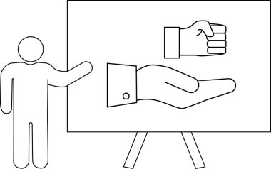 Şekil, el çizimlerini gösteren tahtanın yanında duruyor