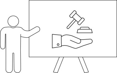 Müzayedeciyi tasvir eden bir taslak, bir sehpanın önünde tokmağı tutan bir eli temsil ediyor.