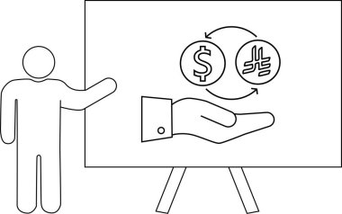 Çubuk bir figür dolar litekoin sembolleriyle beyaz tahtada döviz değişimi sunar.