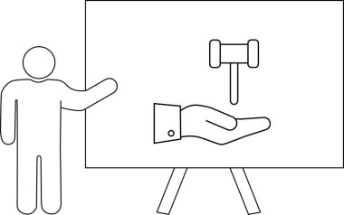 Çubuk bir figür beyaz bir tahtaya tokmak sunar.