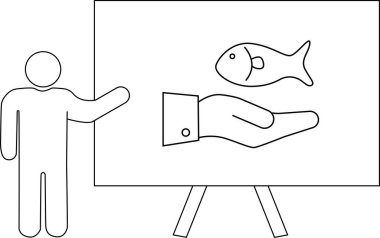 Çubuk bir figür, açık bir elin üzerinde bir balığın yer aldığı beyaz bir tahta sunar.