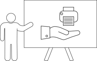 Çubuk bir figür, el üstünde duran bir yazıcı simgesini sunar