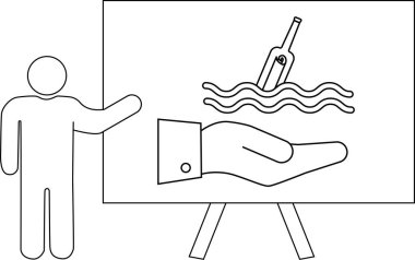 Çubuk bir figür, bir şişenin içinde sörf tahtasında yüzen bir mesaj sunar.