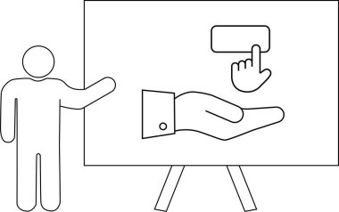 Çubuk bir figür, düğmeye bastığını gösteren el çizimleriyle bir tahtaya sunar.