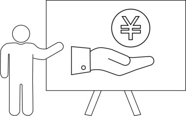 Çubuk bir figür, elinde yen sembolü tutan bir elle beyaz tahtaya doğru hareket eder.