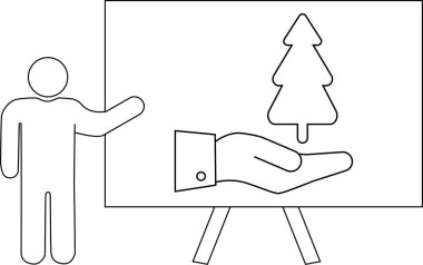 Sunucu, elinde ağaç sembolü olan bir beyaz tahtayı işaret ediyor.