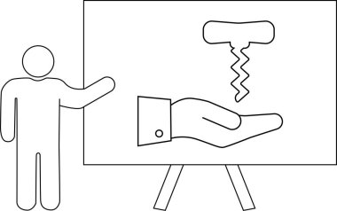 Sunucu, tirbuşon illüstrasyonunun altında eli olan bir tahtaya işaret eder.