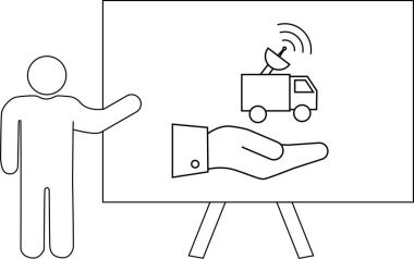 Bir sunucu, uydu kamyonunu destekleyen bir eli gösteren beyaz tahtaya doğru hareket eder.