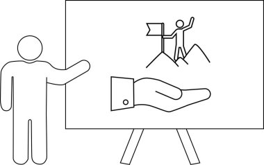 Elle tutulan zirvede başarı figürünü gösteren bir grafiğe işaret eden bir sunucu