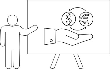 Bir sunum bir dolar dönüşümünü gösterir Bir kişi sehpaya işaret eder