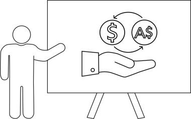 Bir insan, içinde bir el doları ve değiş tokuş okları olan Avustralya dolar sembolleri olan bir tahtanın yanında duruyor.