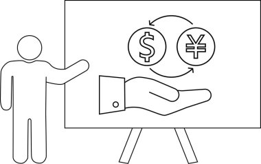 Bir kişi döviz kuru dönüşümünü göstermek için beyaz tahta dolar üzerinden yen 'e döviz kurları sunar