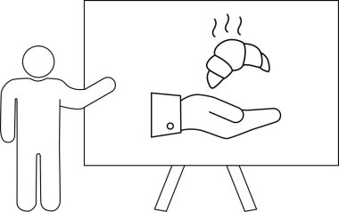 Kruvasan tutan bir elin beyaz tahta çizimini sunan bir kişi.