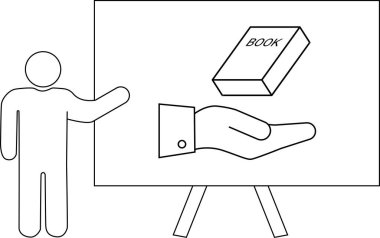 Bir figür, elinde yüzen bir kitapla sehpanın yanında duruyor.