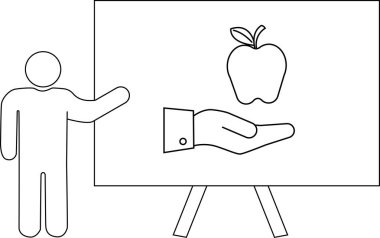 Üzerinde elma ve el olan bir tahtayı işaret eden bir figür.