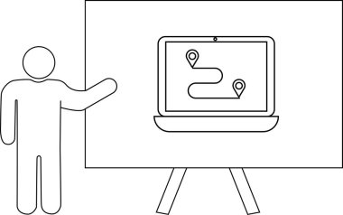 Bir çizgi çizimi, dizüstü bilgisayarını sunan bir kişinin durakta bir rota gösterdiğini gösteriyor.