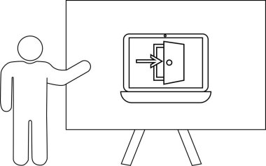 Ekranın yanında bir çubuk figürü olan bir sunum bir dizüstü bilgisayarın kapısına giren bir oku gösterir