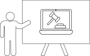 Çubuk bir figür dizüstü bilgisayarın üstündeki tokmağı gösteren bir ekrana doğru hareket eder.