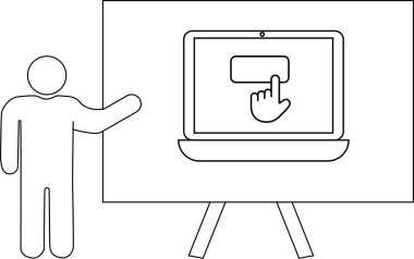 Bir çöp adam dijital ekran sunar ve bir el tezgahta bir düğmeye basar.