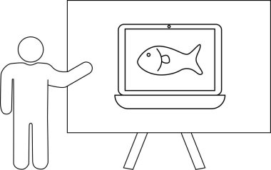 Bir çöp adam, tezgahta bir balığı gösteren bir ekran sunar.