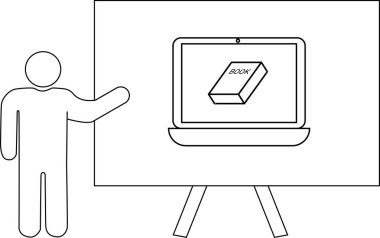 Beyaz tahtanın üstündeki dizüstü bilgisayara işaret eden bir figür ekranında bir kitap gösteriyor.